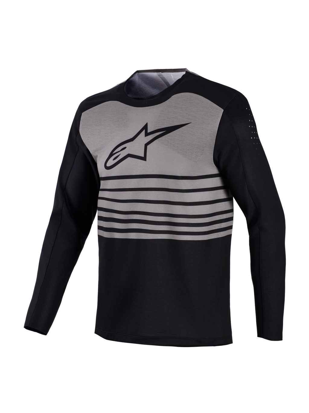 Camisola Alpinestars A-Dura Elite 2.0 manga comprida, design preto e cinzento com riscas horizontais e perfurações respiráveis.