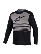 Camisola Alpinestars A-Dura Elite 2.0 manga comprida, design preto e cinzento com riscas horizontais e perfurações respiráveis.