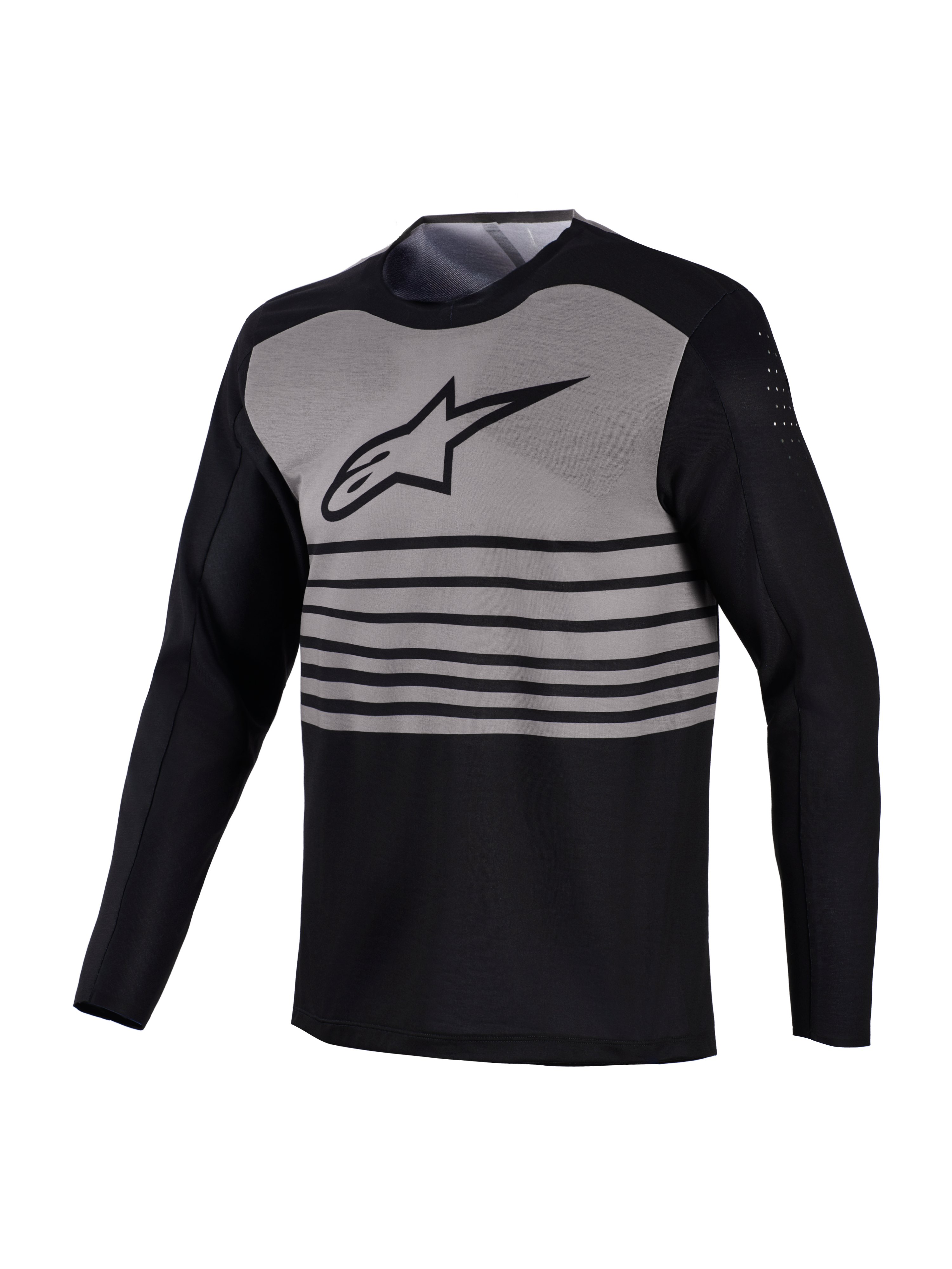 Camisola Alpinestars A-Dura Elite 2.0 manga comprida, design preto e cinzento com riscas horizontais e perfurações respiráveis.