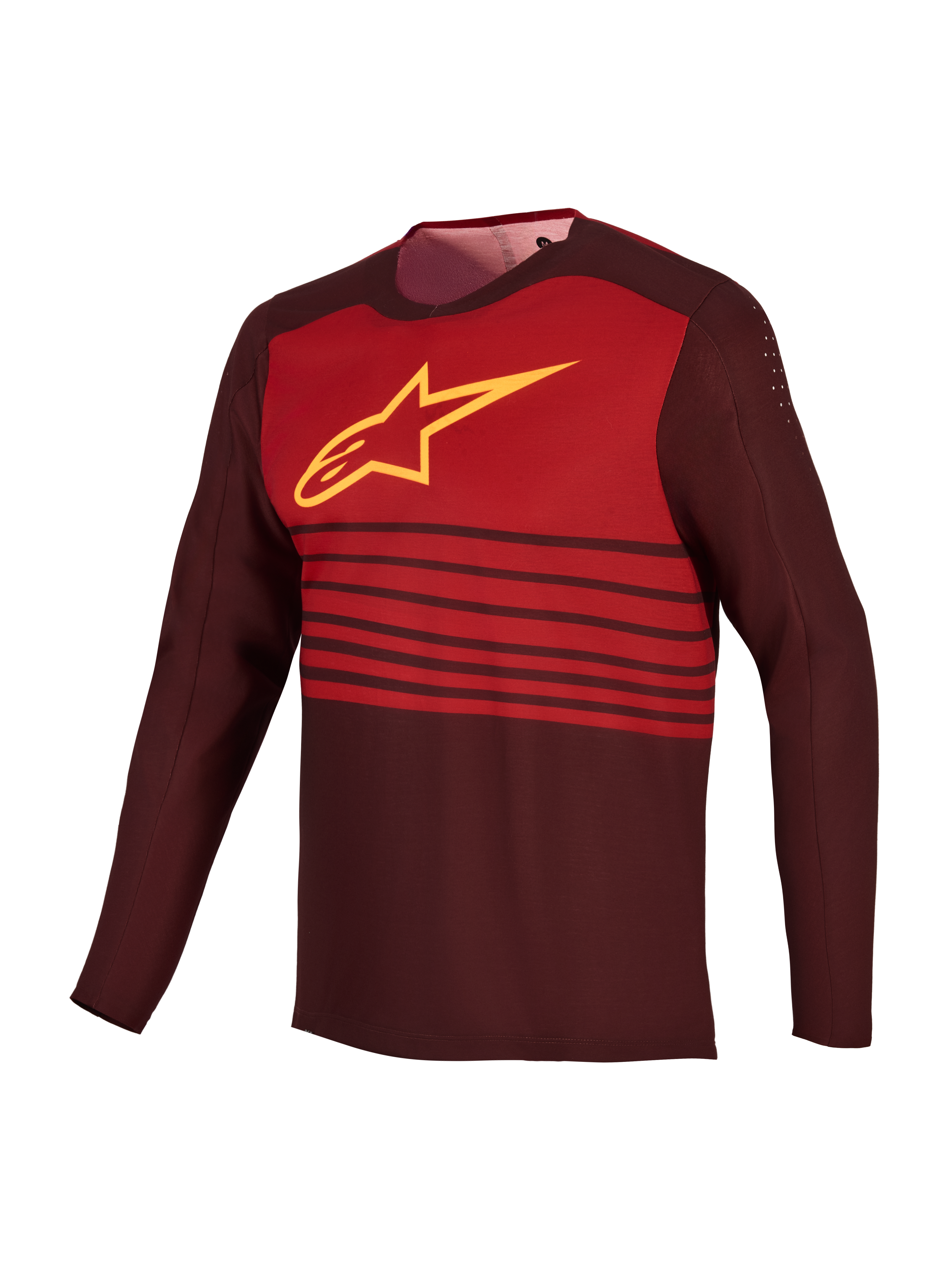 A-Dura Elite Jersey 2.0 in Bordeaux, long-sleeve MTB jersey with a yellow Astars logo and red chest block.