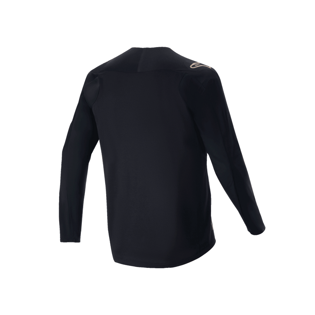 Alpinestars A-Aria Polartec Switch Long Sleeve Jersey, preto, vista traseira de camisola de BTT, com um pequeno logótipo bege no ombro e bainha mais comprida atrás, tecido técnico que absorve a humidade para ciclismo todo-o-terreno