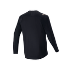 Alpinestars A-Aria Polartec Switch Long Sleeve Jersey, preto, vista traseira de camisola de BTT, com um pequeno logótipo bege no ombro e bainha mais comprida atrás, tecido técnico que absorve a humidade para ciclismo todo-o-terreno