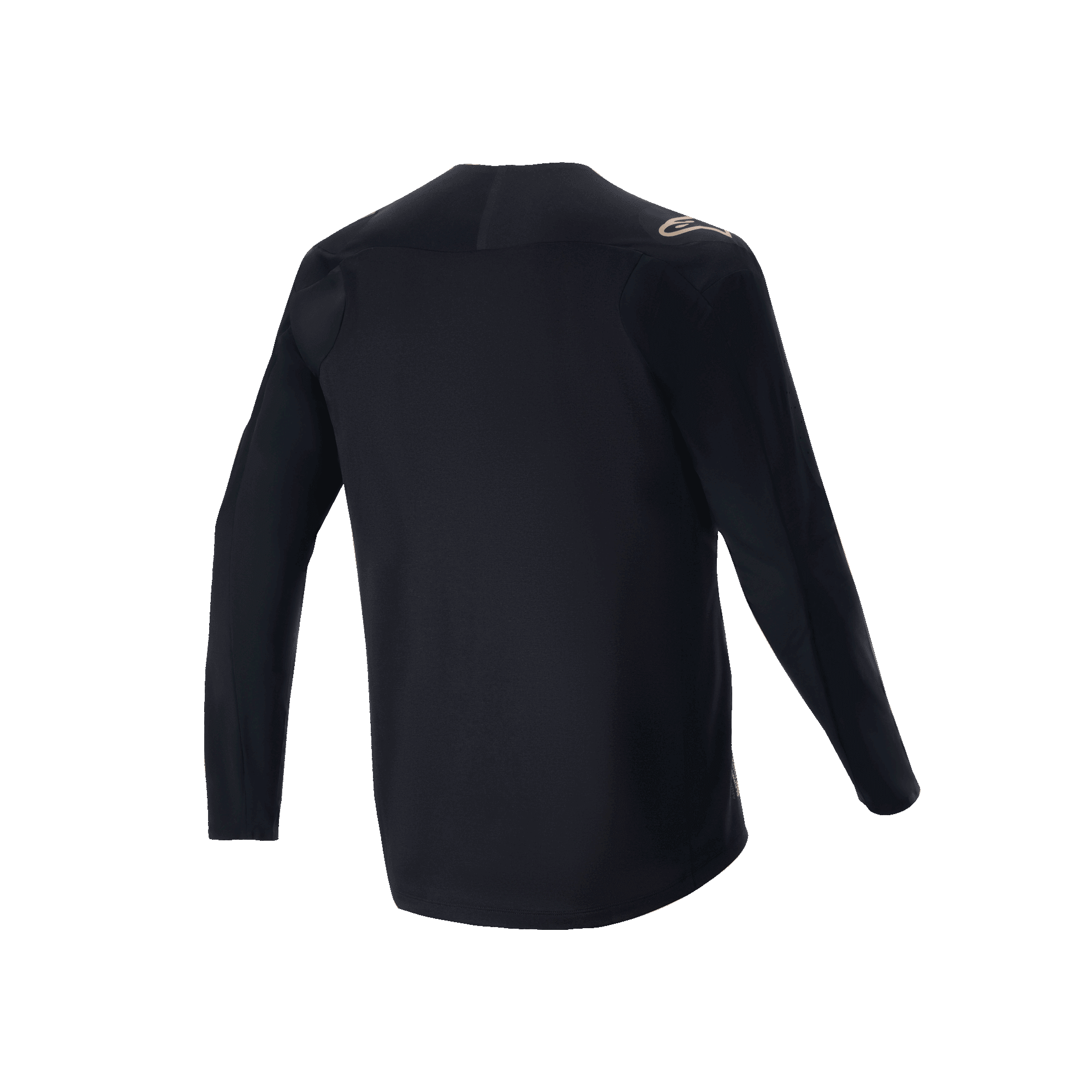 Alpinestars A-Aria Polartec Switch Long Sleeve Jersey, preto, vista traseira de camisola de BTT, com um pequeno logótipo bege no ombro e bainha mais comprida atrás, tecido técnico que absorve a humidade para ciclismo todo-o-terreno