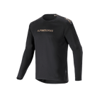 Camisola de Manga Comprida Alpinestars A-Aria Polartec Switch, preta, camisola de mountain bike com logótipo Alpinestars em tons dourados no peito e nos ombros, braços perfurados a laser e tecido Polartec com absorção de humidade para desempenho em todo-o-terreno