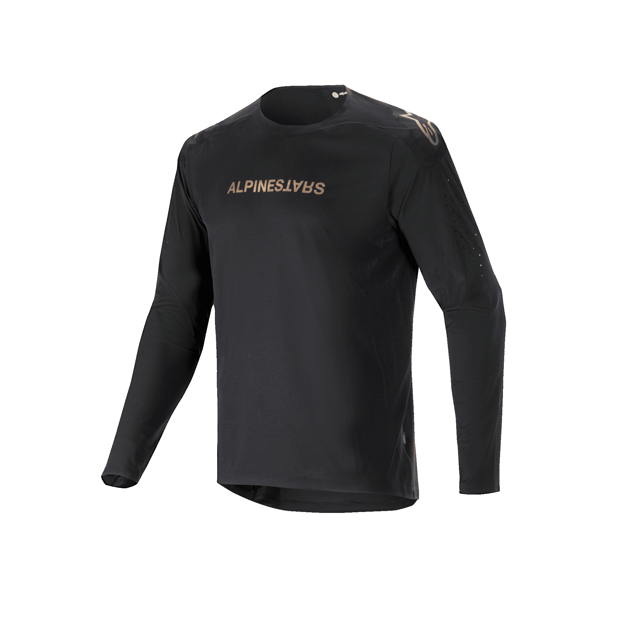 Camisola de Manga Comprida Alpinestars A-Aria Polartec Switch, preta, camisola de mountain bike com logótipo Alpinestars em tons dourados no peito e nos ombros, braços perfurados a laser e tecido Polartec com absorção de humidade para desempenho em todo-o-terreno