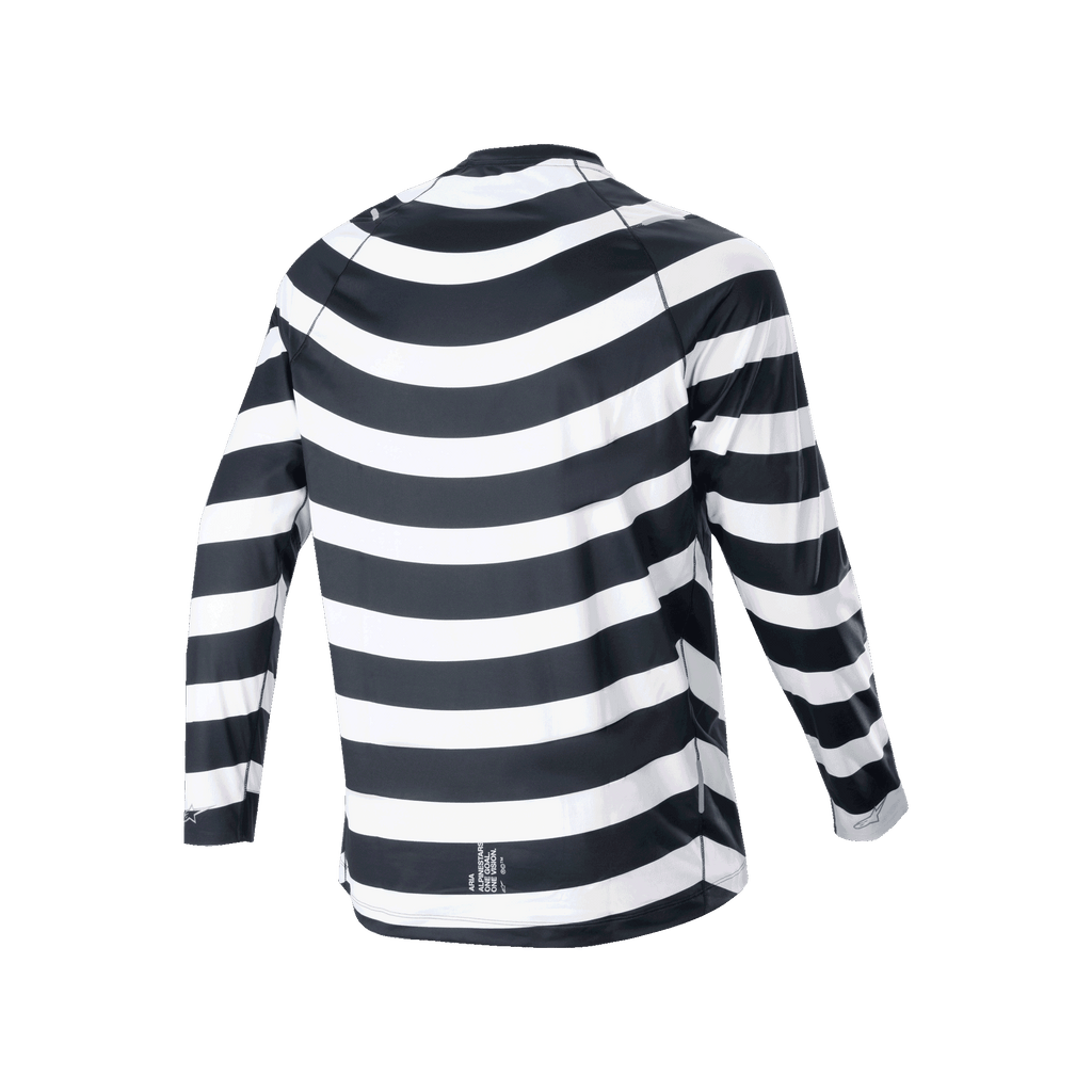 Jersey de Manga Longa Alpinestars A-Aria Oscar, preto e branco, vista traseira com o gráfico em espiral heritage, jersey de ciclismo de manga longa com ajuste de performance e cauda mais longa para trilhos de BTT