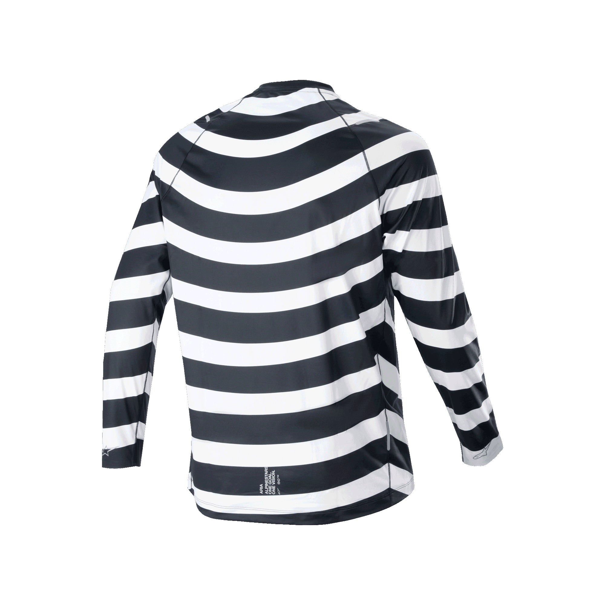 Jersey de Manga Longa Alpinestars A-Aria Oscar, preto e branco, vista traseira com o gráfico em espiral heritage, jersey de ciclismo de manga longa com ajuste de performance e cauda mais longa para trilhos de BTT