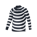 Alpinestars Camisola A-Aria Oscar, camisola de MTB de manga comprida, riscas horizontais em espiral pretas e brancas, logótipo Alpinestars cinzento no peito, equipamento de ciclismo de performance leve e respirável