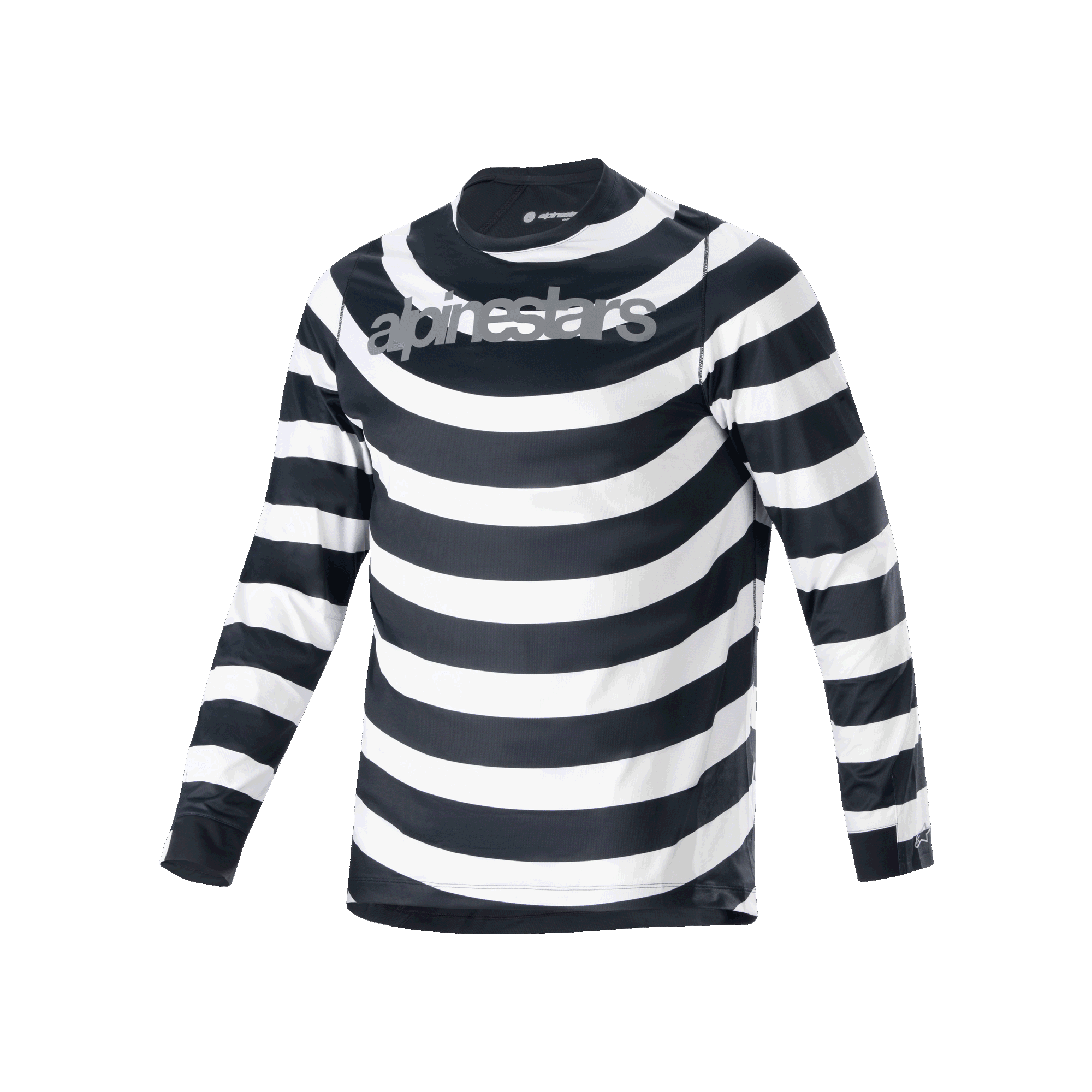Alpinestars Camisola A-Aria Oscar, camisola de MTB de manga comprida, riscas horizontais em espiral pretas e brancas, logótipo Alpinestars cinzento no peito, equipamento de ciclismo de performance leve e respirável