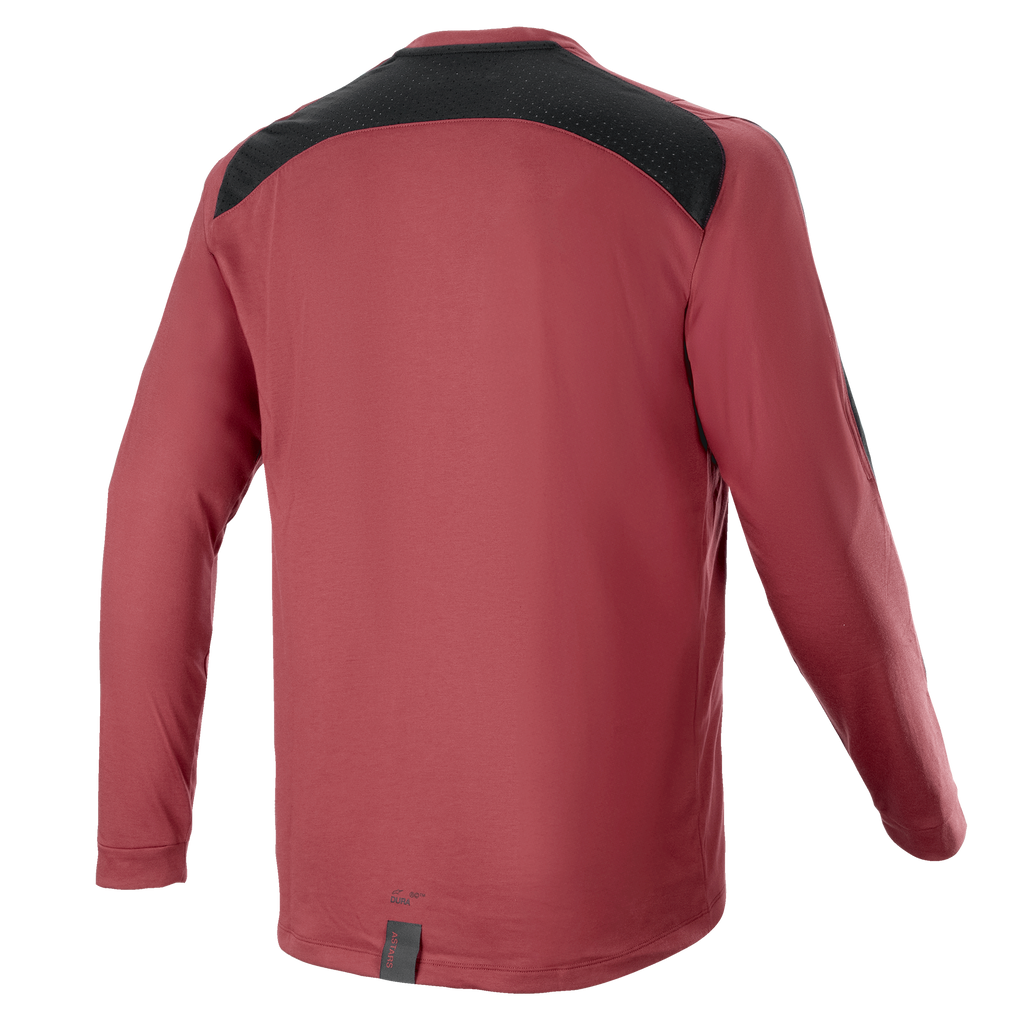 Alpinestars A-Dura Dri Astar Long Sleeve Jersey, cor bordô, camisola de mountain bike, vista traseira com painel de ventilação em malha preta nos ombros, mangas compridas, tecido técnico de performance para ciclismo todo-o-terreno