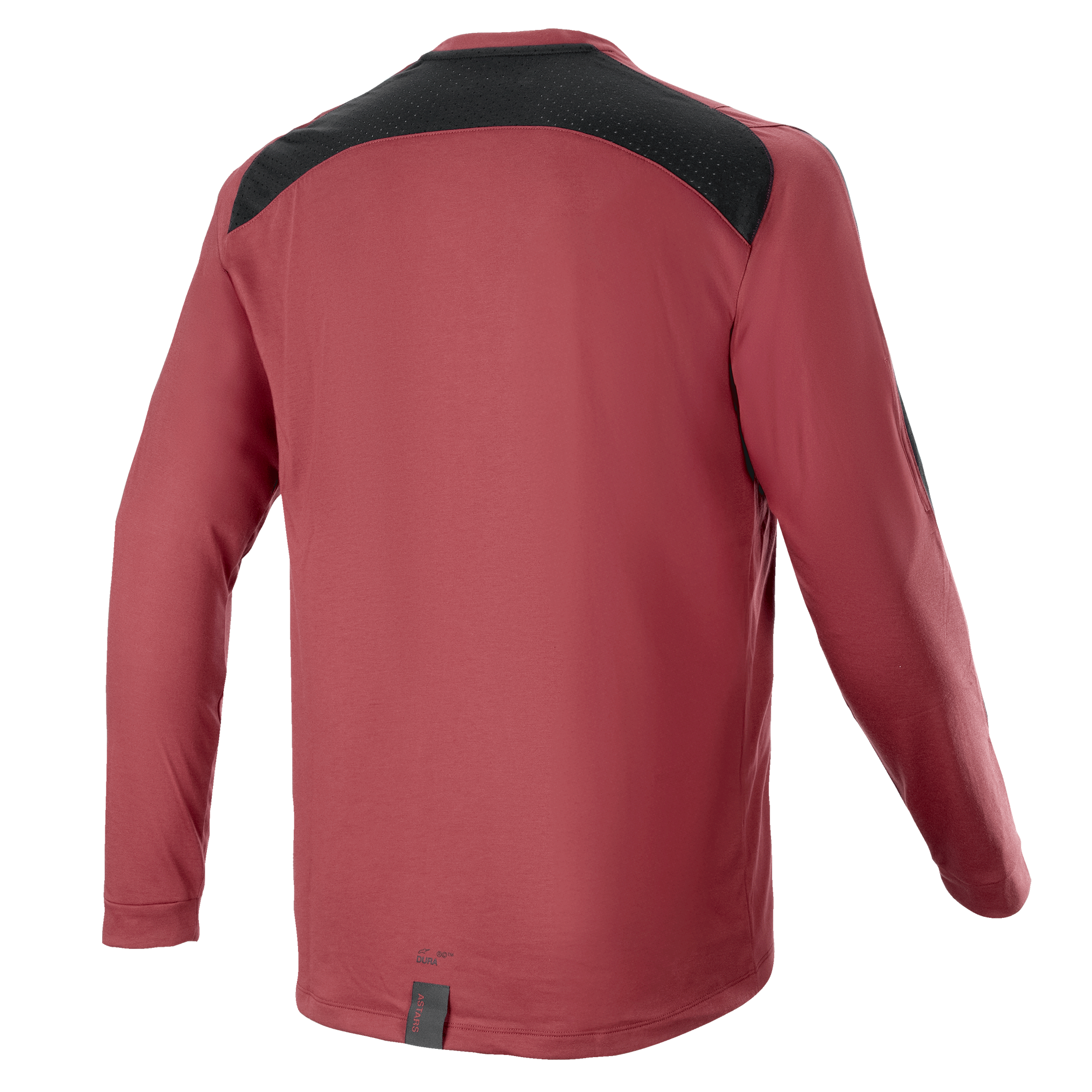 Alpinestars A-Dura Dri Astar Long Sleeve Jersey, cor bordô, camisola de mountain bike, vista traseira com painel de ventilação em malha preta nos ombros, mangas compridas, tecido técnico de performance para ciclismo todo-o-terreno