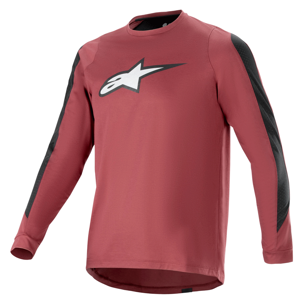 Alpinestars A-Dura Dri Astar Jersey de manga comprida, bordô e preto, tecido drirelease com absorção de humidade, gola redonda, logótipo Astar branco no peito, painéis de malha pretos nas mangas, vestuário de performance para mountain bike
