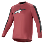 Alpinestars A-Dura Dri Astar Jersey de manga comprida, bordô e preto, tecido drirelease com absorção de humidade, gola redonda, logótipo Astar branco no peito, painéis de malha pretos nas mangas, vestuário de performance para mountain bike