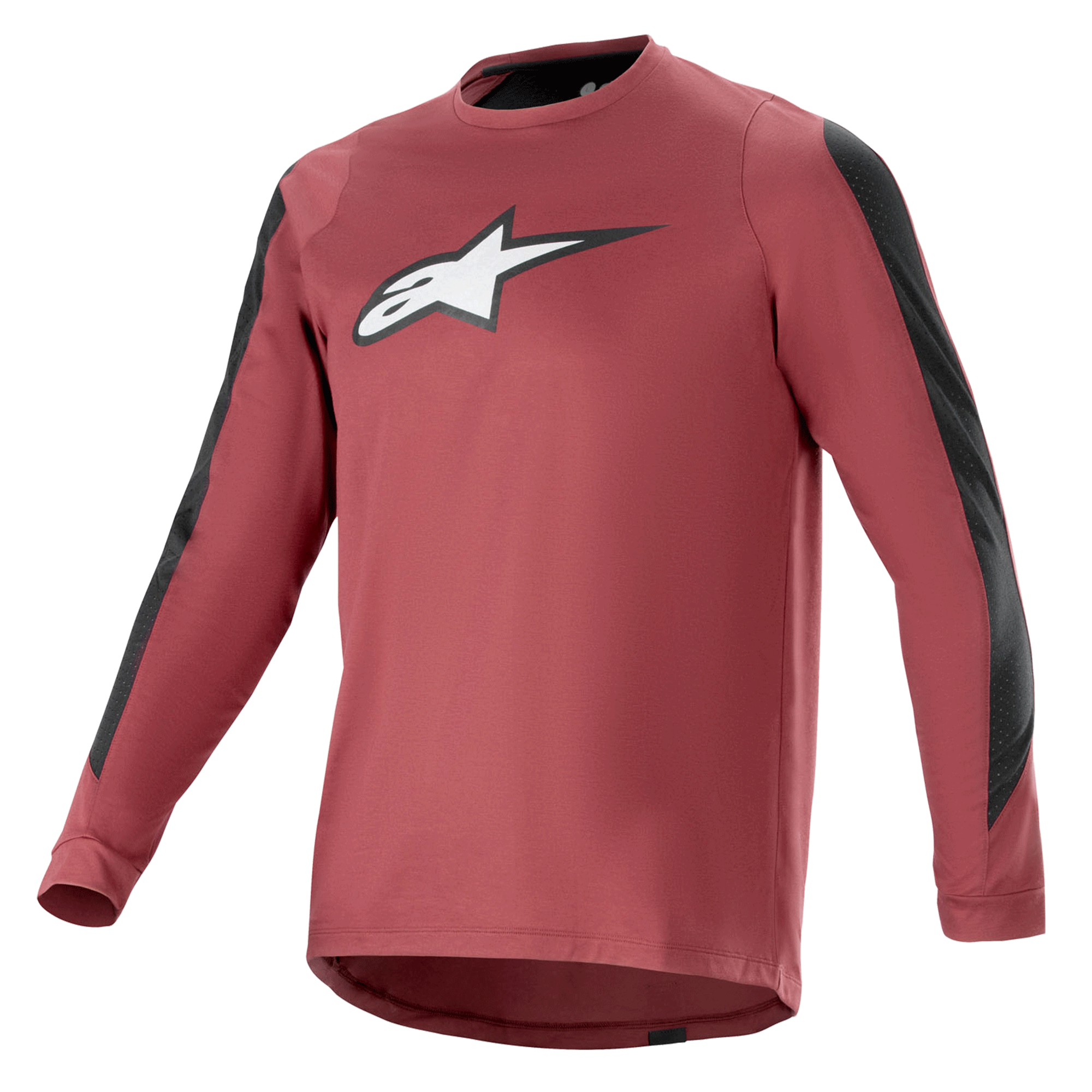 Alpinestars A-Dura Dri Astar Jersey de manga comprida, bordô e preto, tecido drirelease com absorção de humidade, gola redonda, logótipo Astar branco no peito, painéis de malha pretos nas mangas, vestuário de performance para mountain bike