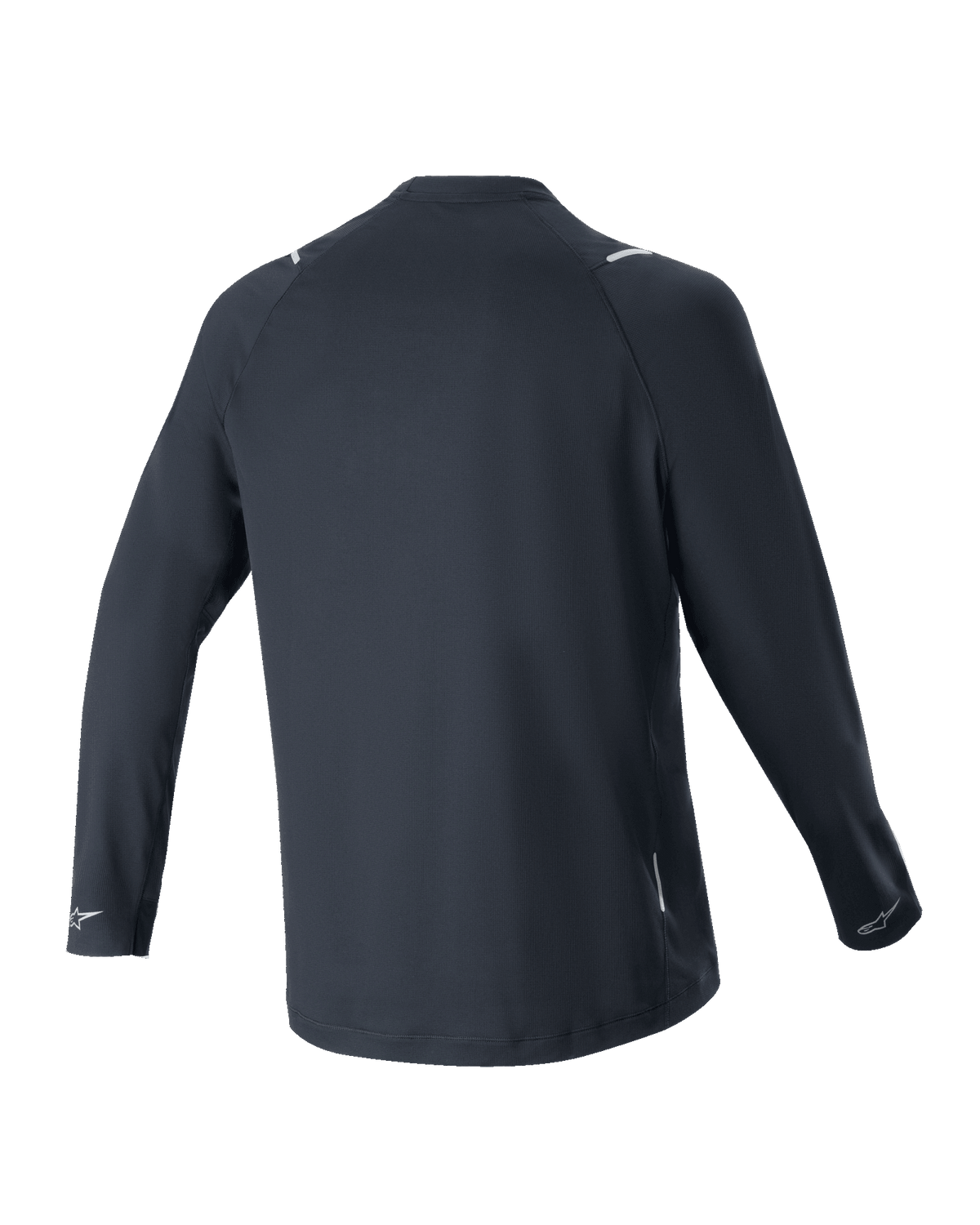 Camisola de Manga Comprida Alpinestars A-Aria Switch, preta, vista traseira, tecido de poliéster leve e respirável, com cauda mais longa para maior cobertura e logótipos Alpinestars refletores nos punhos, ajuste de performance para ciclismo de montanha