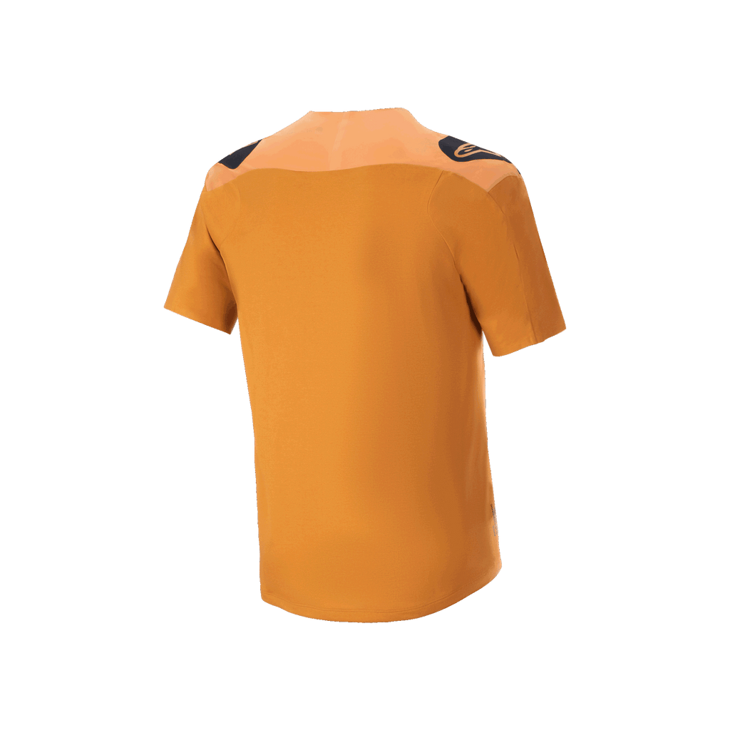 Alpinestars A-Aria Polartec Switch Jersey, camisola de BTT de manga curta, Dourado Escuro, vista traseira com logótipos pretos nos ombros e cauda mais longa, vestuário de performance para mountain bike