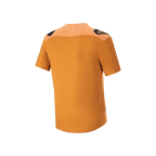 Alpinestars A-Aria Polartec Switch Jersey, camisola de BTT de manga curta, Dourado Escuro, vista traseira com logótipos pretos nos ombros e cauda mais longa, vestuário de performance para mountain bike