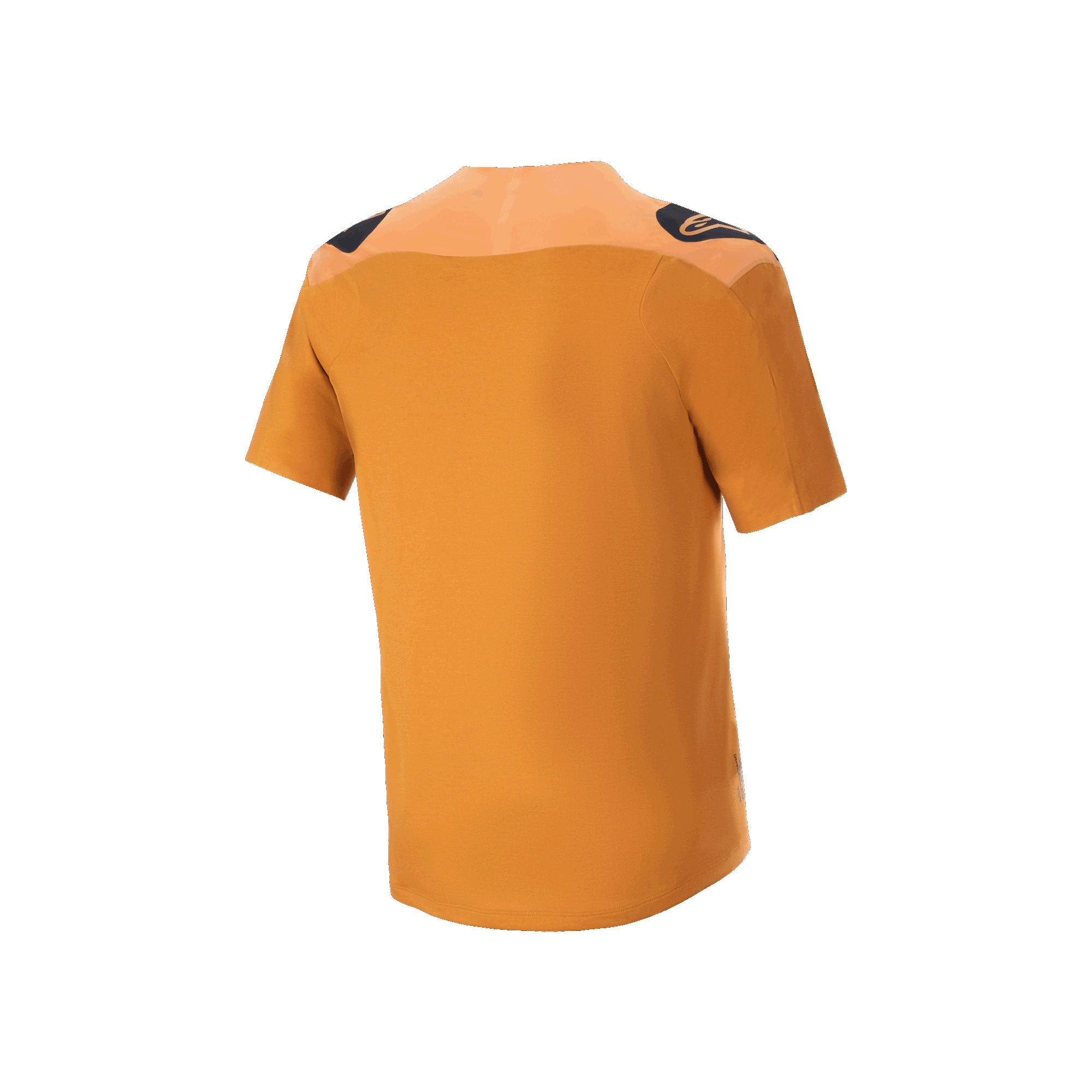 Alpinestars A-Aria Polartec Switch Jersey, camisola de BTT de manga curta, Dourado Escuro, vista traseira com logótipos pretos nos ombros e cauda mais longa, vestuário de performance para mountain bike