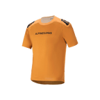 Camisola de manga curta Alpinestars A-Aria Polartec Switch, dourado escuro, texto Alpinestars preto no peito, logótipos nos ombros, vestuário técnico de BTT com design de cauda longa
