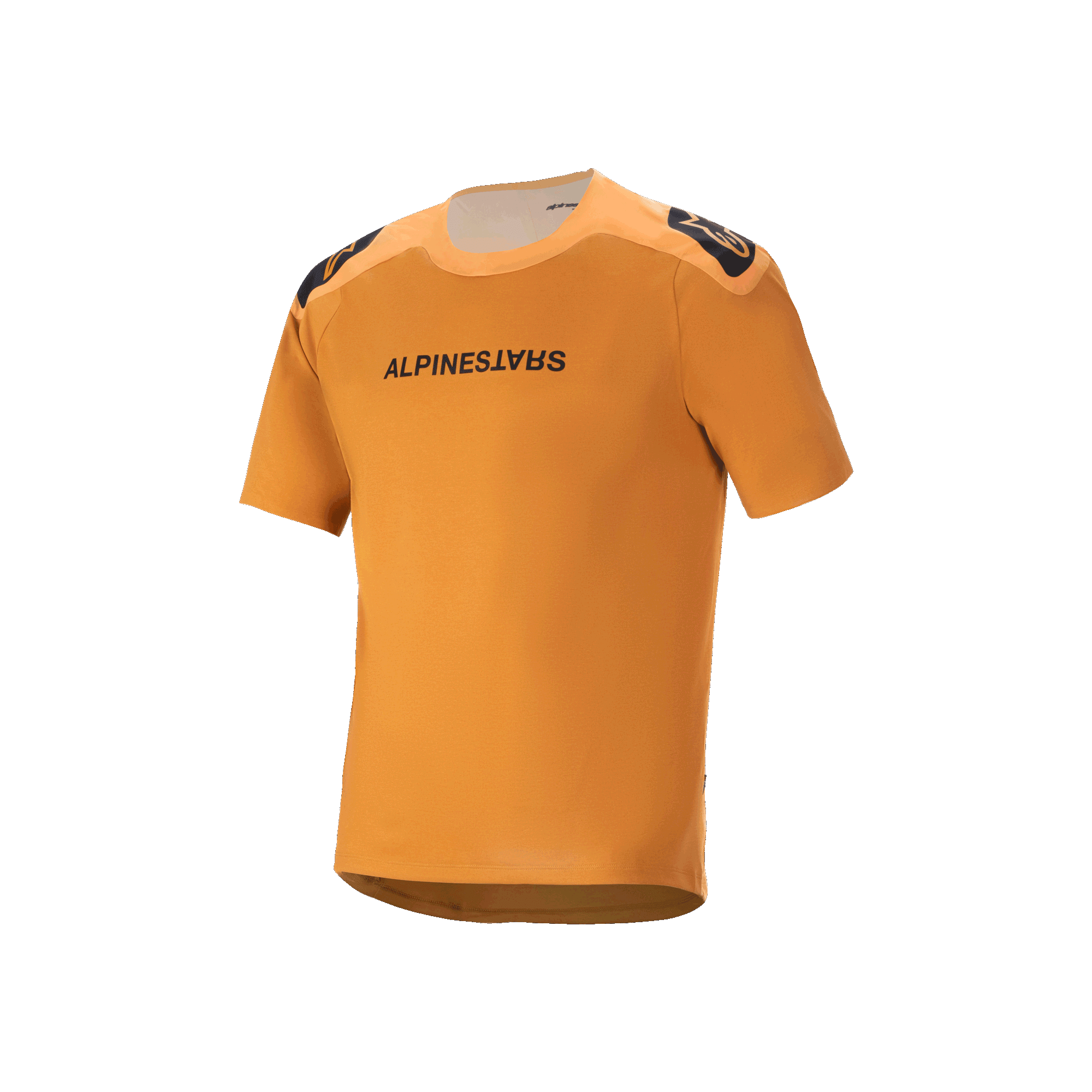 Camisola de manga curta Alpinestars A-Aria Polartec Switch, dourado escuro, texto Alpinestars preto no peito, logótipos nos ombros, vestuário técnico de BTT com design de cauda longa