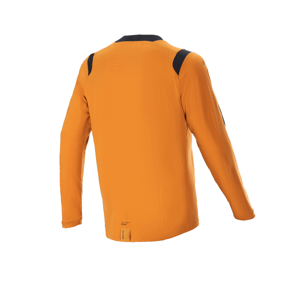 Camisola de Manga Comprida Alpinestars A-Dura Dri Wool, Dark Gold, vista traseira com painéis de malha pretos nos ombros e gola, equipamento técnico de BTT com cauda mais longa