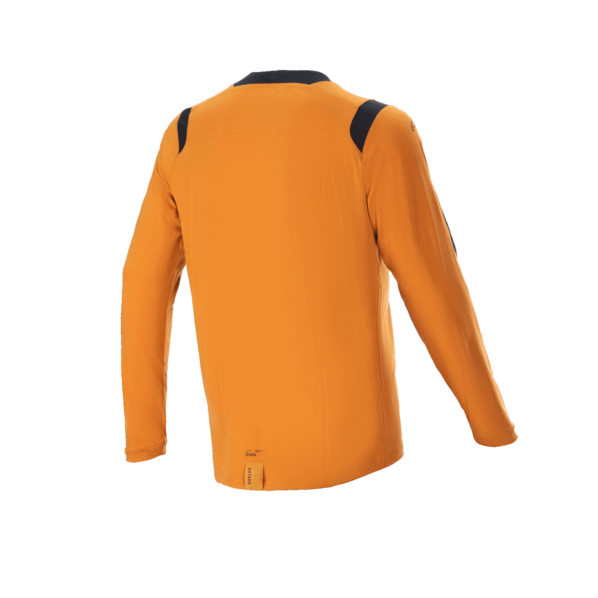 Camisola de Manga Comprida Alpinestars A-Dura Dri Wool, Dark Gold, vista traseira com painéis de malha pretos nos ombros e gola, equipamento técnico de BTT com cauda mais longa