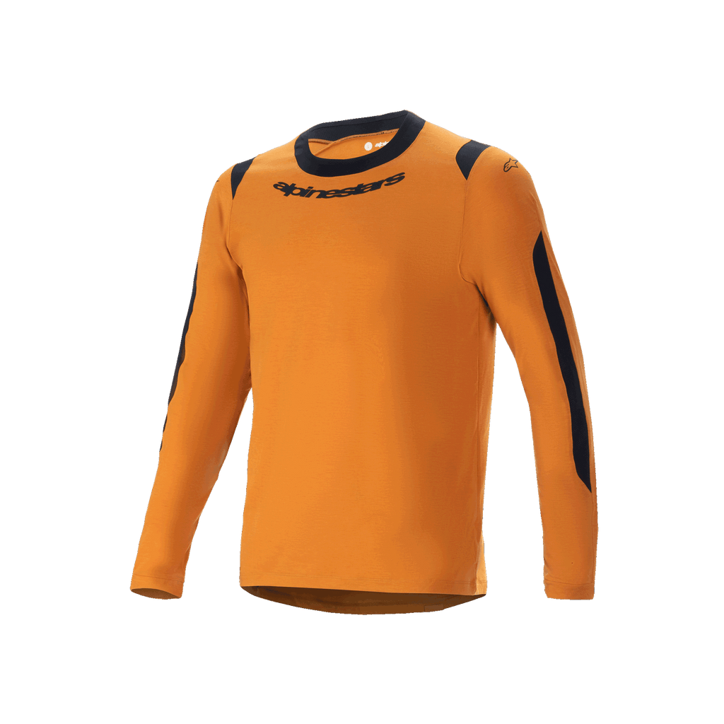 Alpinestars A-Dura Dri Wool Jersey - Long Sleeve, camisola de BTT, dourado escuro, gola redonda preta e painéis de malha nos ombros e braços, logótipo Alpinestars no peito, mistura técnica de lã para trilhos