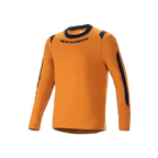 Alpinestars A-Dura Dri Wool Jersey - Long Sleeve, camisola de BTT, dourado escuro, gola redonda preta e painéis de malha nos ombros e braços, logótipo Alpinestars no peito, mistura técnica de lã para trilhos