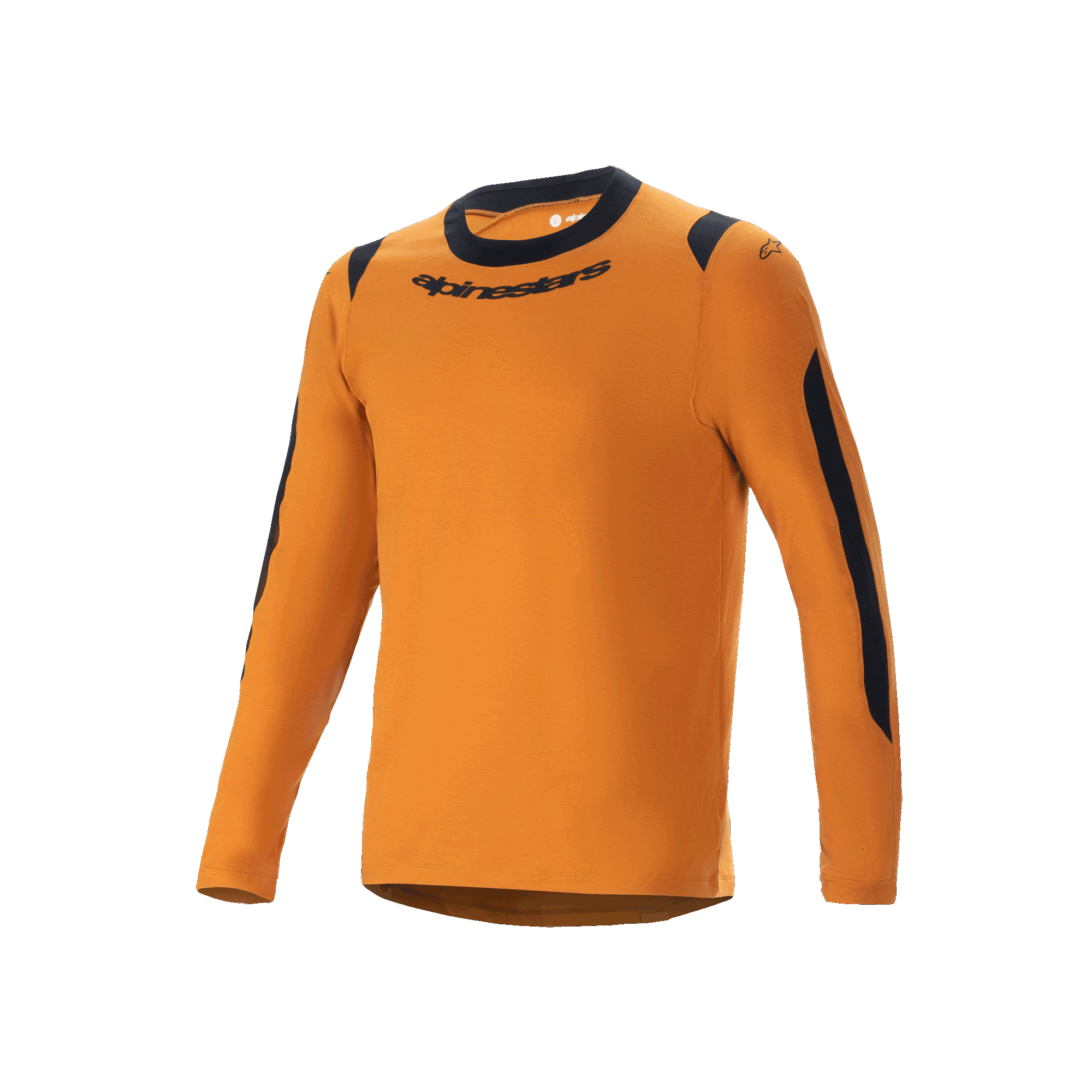 Alpinestars A-Dura Dri Wool Jersey - Long Sleeve, camisola de BTT, dourado escuro, gola redonda preta e painéis de malha nos ombros e braços, logótipo Alpinestars no peito, mistura técnica de lã para trilhos