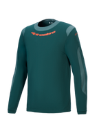 Alpinestars A-Dura Dri Wool Jersey - Long Sleeve, Dark Pine Green, Performance Mountain Bike Jersey with orange chest logo, light gray mesh panels, and round neck
