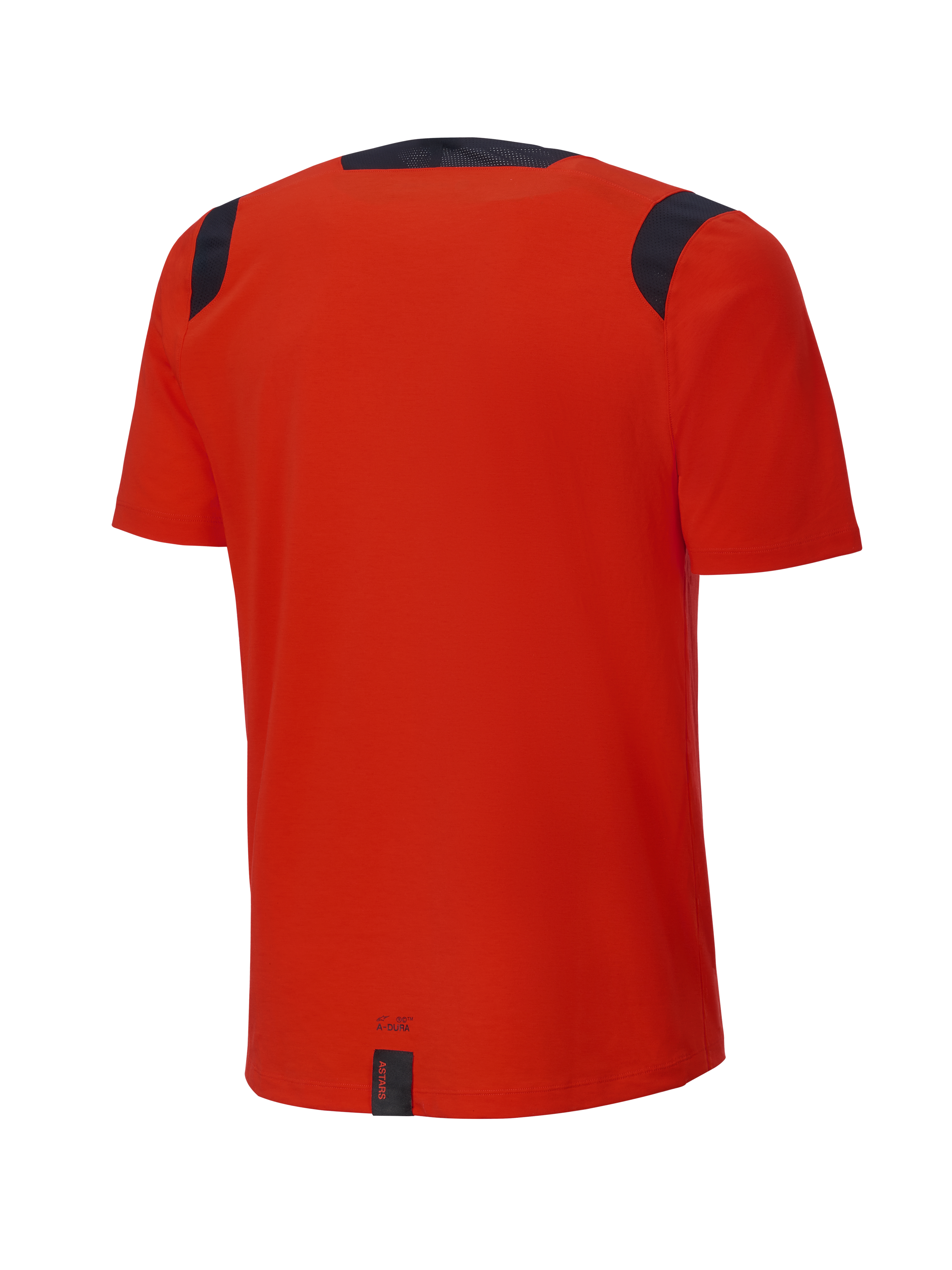 Alpinestars A-Dura Dri Wool Short Sleeve Jersey, Spicy Orange, vista traseira, com painéis de malha pretos nos ombros e gola, cauda mais longa para maior cobertura em trilhos