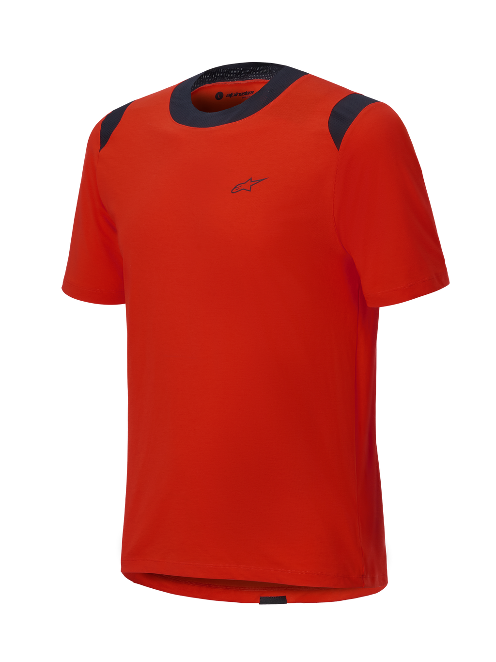 Alpinestars A-Dura Dri Wool Short Sleeve Jersey, camisola de manga curta Spicy Orange com painéis de malha pretos na gola e nos ombros, design minimalista com um pequeno logótipo no peito, vestuário técnico de BTT