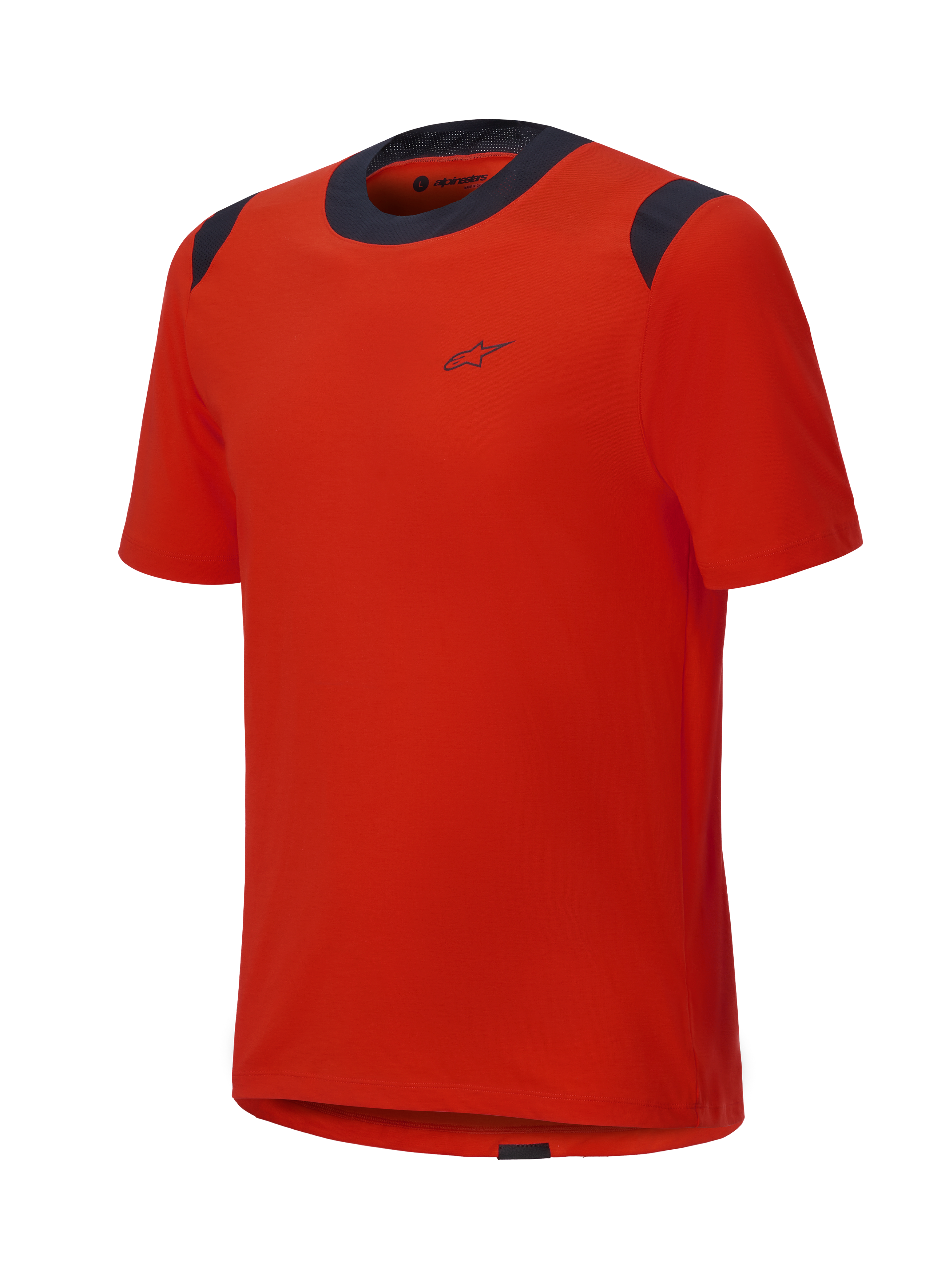 Alpinestars A-Dura Dri Wool Short Sleeve Jersey, camisola de manga curta Spicy Orange com painéis de malha pretos na gola e nos ombros, design minimalista com um pequeno logótipo no peito, vestuário técnico de BTT