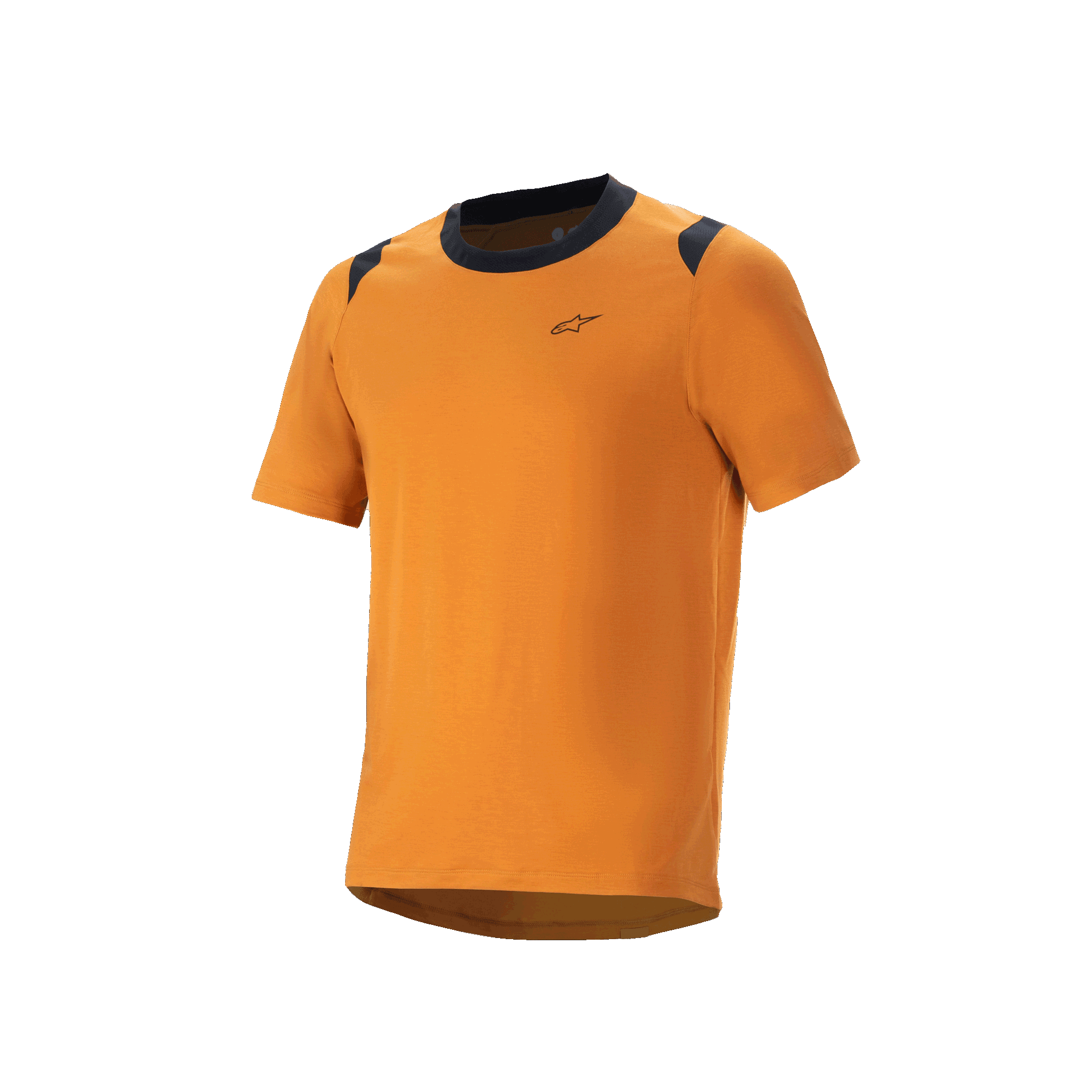 Alpinestars A-Dura Dri Wool Short Sleeve Jersey, camisola de ciclismo MTB, dourado escuro com detalhes pretos na gola e nos ombros, logótipo pequeno no peito, vestuário técnico de BTT
