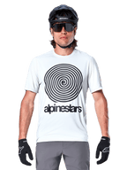 Alpinestars A-Dura Oscar Jersey - Short Sleeve, White Dove, featuring a large black vintage Oscar spiral graphic and alpinestars wordmark on the chest, worn by a model with a black MTB helmet, sunglasses, and black gloves, heritage cycling style.