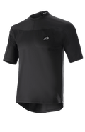Alpinestars Drop Meta Jersey, Short Sleeve MTB Cycling Jersey, Black, lightweight mesh fabric, small white logo on chest, round collar, and extended tail for back coverage