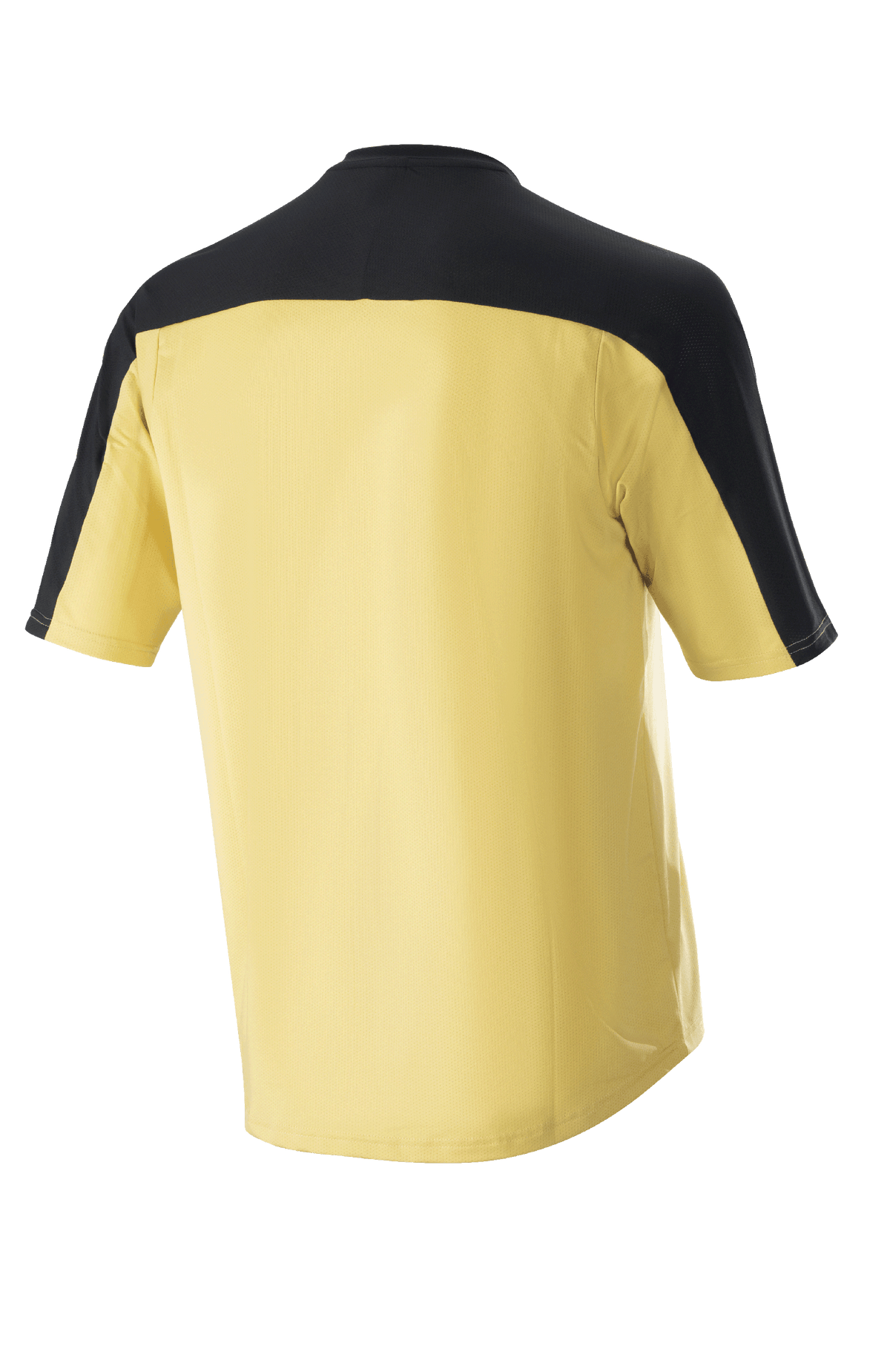 Alpinestars Drop Meta Jersey - Manga Curta, camisola de BTT, amarela com pala de ombro e painéis das mangas pretos, vista traseira, parte traseira alongada para maior cobertura, material de malha leve