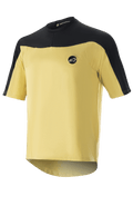 Alpinestars Drop Meta Jersey - Short Sleeve, MTB Cycling Jersey, Gold and Black, mesh construction with color-blocked shoulders, circular chest logo, and extended rear hem.