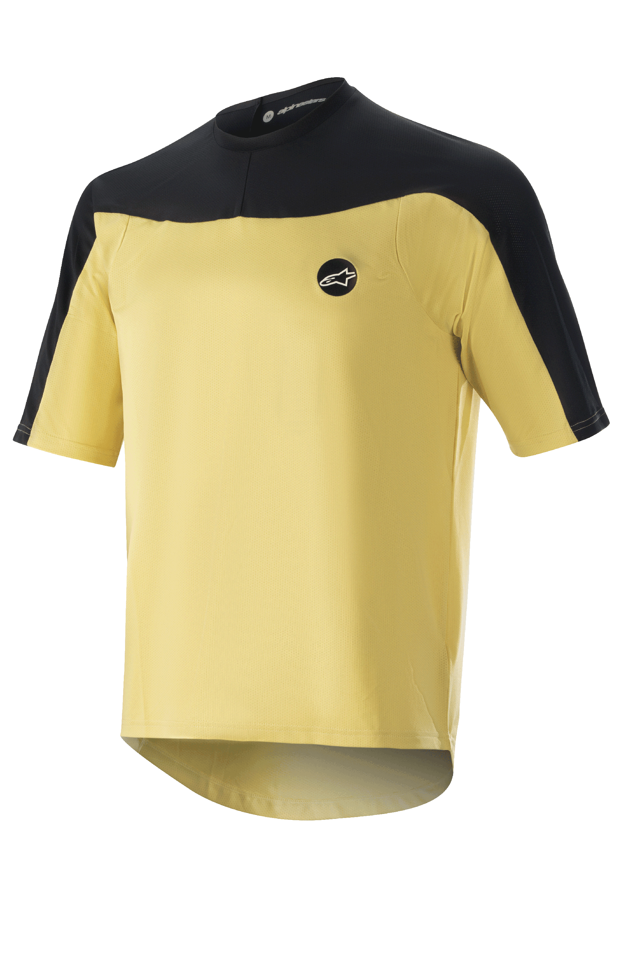 Alpinestars Drop Meta Jersey - Short Sleeve, MTB Cycling Jersey, Gold and Black, mesh construction with color-blocked shoulders, circular chest logo, and extended rear hem.