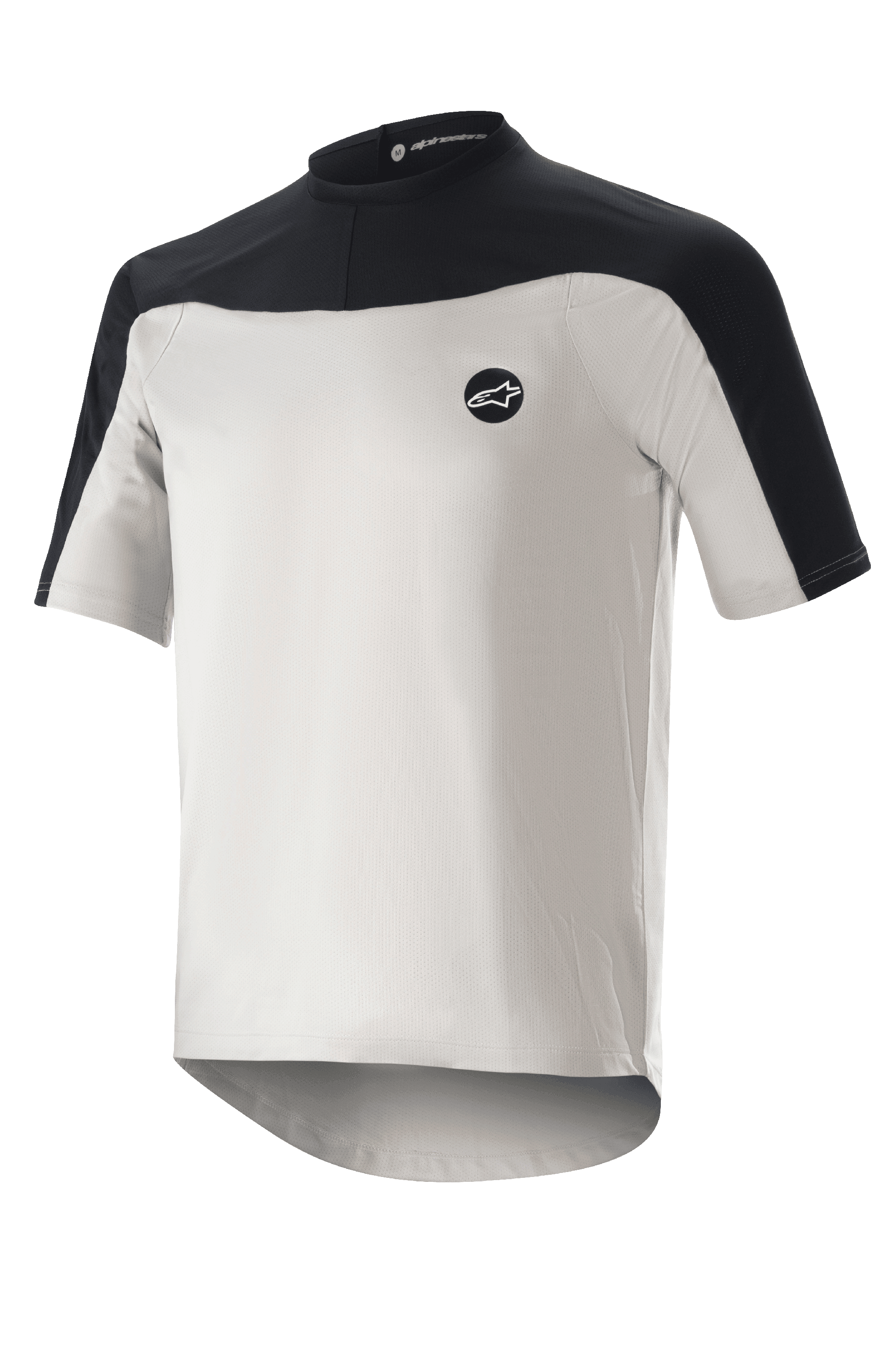 Alpinestars Drop Meta Jersey de Manga Curta, camisola de ciclismo de montanha, cinzento claro e preto, com construção em malha respirável, pala de ombro preta, gola redonda e cauda traseira estendida para maior cobertura.