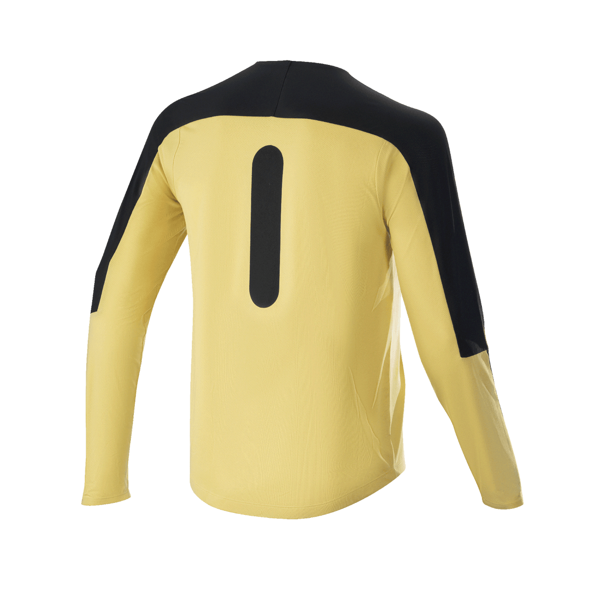 Alpinestars Drop Meta Jersey - Manga Comprida, camisola de ciclismo de montanha, dourada e preta, vista traseira com painéis pretos nos ombros e gráfico vertical, tecido de malha leve com cauda estendida para trilhos de BTT