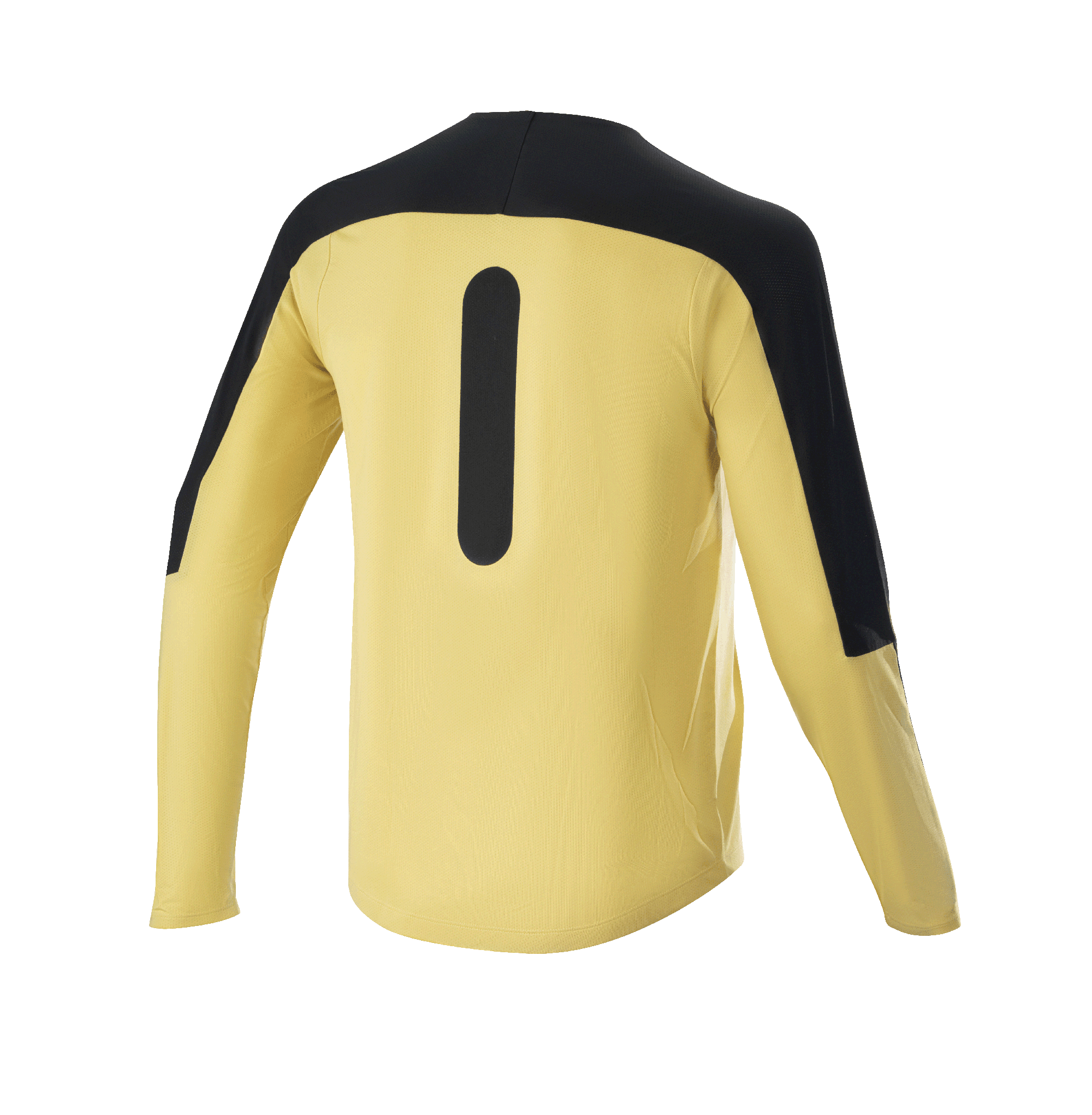 Alpinestars Drop Meta Jersey - Long Sleeve, Mountain Bike Jersey, Gold and Black, back view showing black shoulder panels and vertical graphic, lightweight mesh fabric with extended tail for MTB trail riding