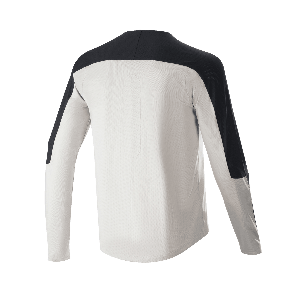 Alpinestars Drop Meta Jersey - Manga Comprida, camisola de MTB, cinza claro com detalhes pretos nos ombros e mangas, vista traseira mostrando a cauda estendida, tecido de malha respirável para ciclismo todo-o-terreno