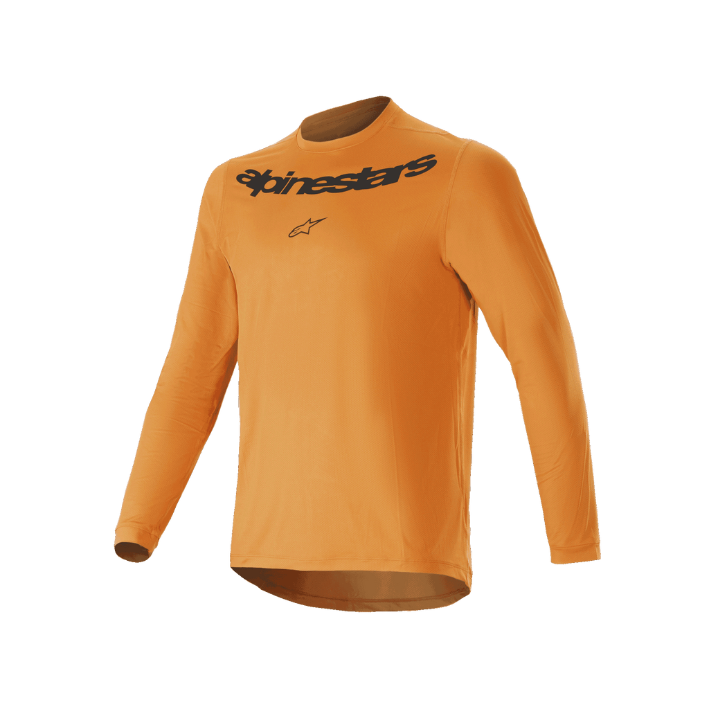 Alpinestars A-Dura Rocker Long Sleeve Jersey, camisola de mountain bike, Dark Gold, com logótipo Alpinestars impresso a preto no peito, tecido jacquard leve com parte traseira mais comprida, vestuário de ciclismo de alta performance