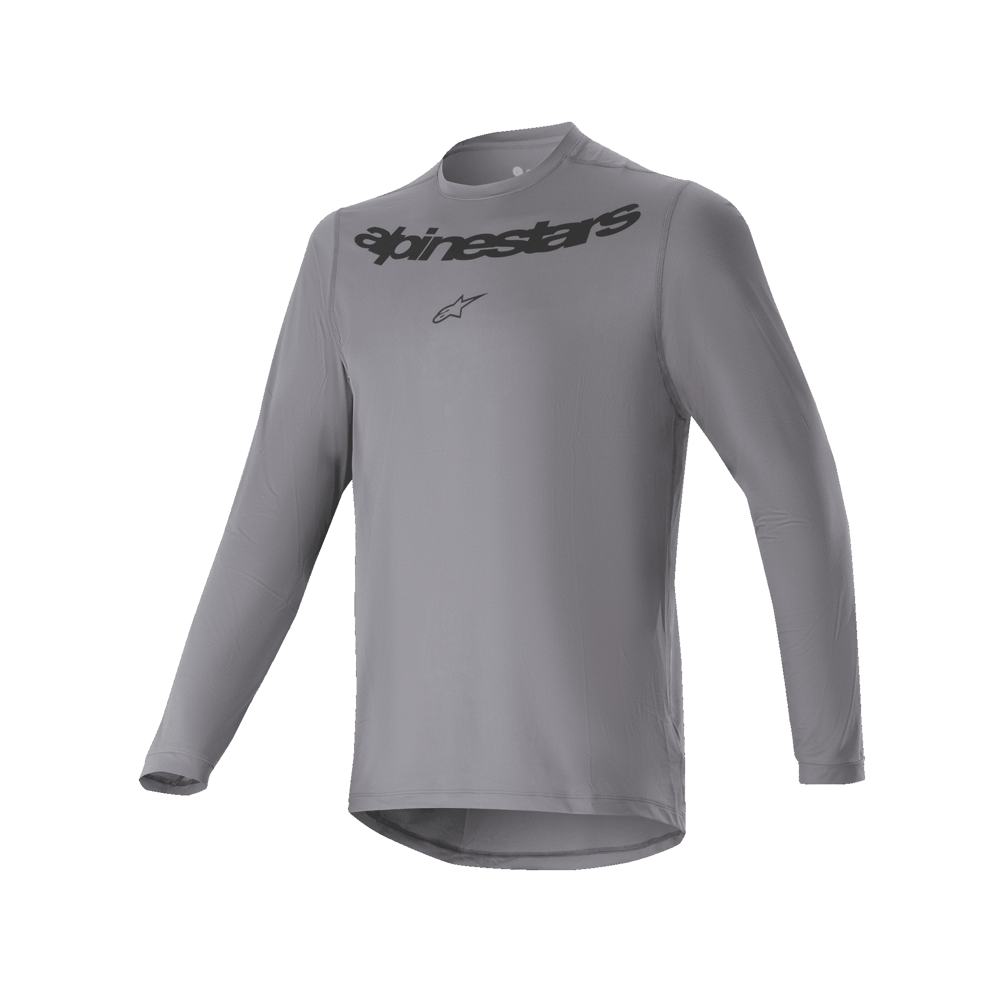 Alpinestars A-Dura Rocker Long Sleeve Jersey, MTB Cycling Jersey, Dark Gray, featuring black Alpinestars wordmark and star logo on chest, longer drop tail, performance cycling gear for mountain biking