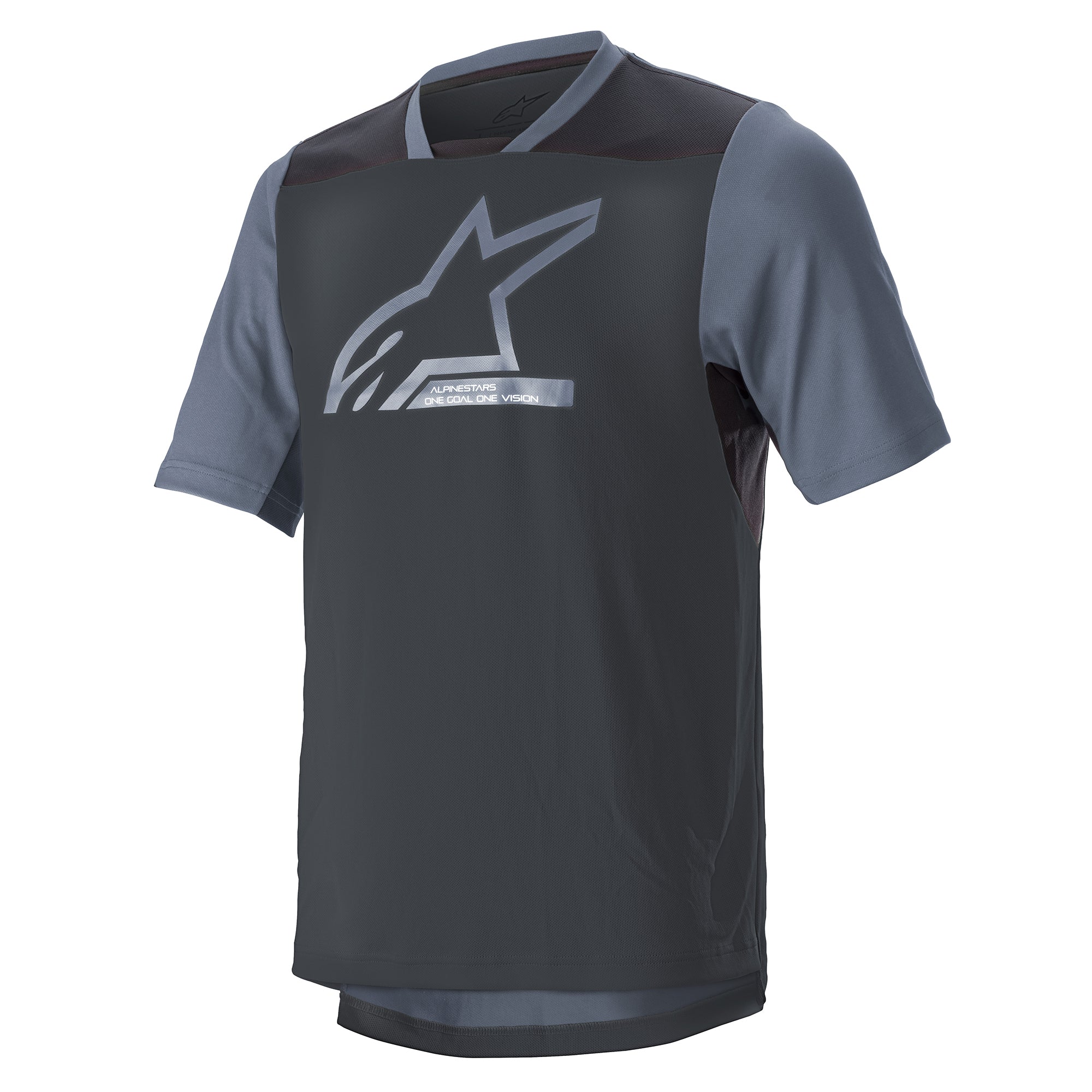 Camisola Alpinestars Drop 6 V2 - Manga Curta, Grisaille Black, camisola de BTT, tecido técnico de poliéster com corpo cinzento escuro e mangas cinzento claro, logótipo Alpinestars prateado grande no peito, inserções de malha para fluxo de ar, corte relaxado para ciclismo fora de estrada
