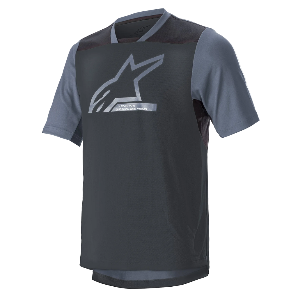 Alpinestars Drop 6 V2 Jersey - Short Sleeve, Grisaille Black, MTB Jersey, technical poly-fabric with dark grey body and light grey sleeves, large silver Alpinestars logo on chest, mesh inserts for airflow, relaxed fit for off-road cycling