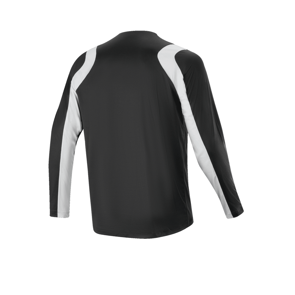 Camisola Alpinestars A-Supra Oscar - Manga Comprida, preta, vista traseira, com painéis brancos curvos nos ombros e mangas, vestuário de ciclismo MTB leve e respirável