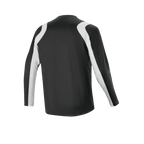 Camisola Alpinestars A-Supra Oscar - Manga Comprida, preta, vista traseira, com painéis brancos curvos nos ombros e mangas, vestuário de ciclismo MTB leve e respirável