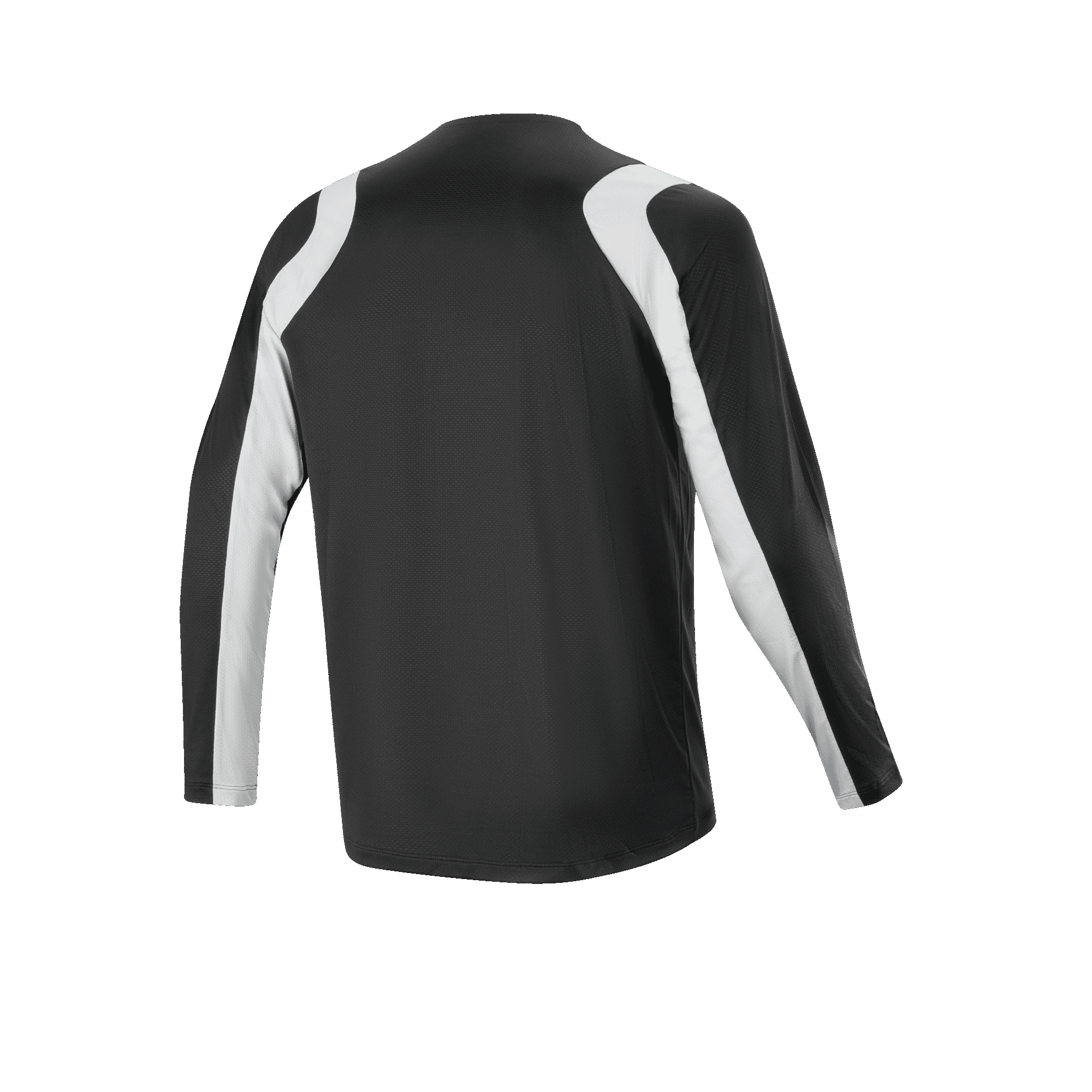 Camisola Alpinestars A-Supra Oscar - Manga Comprida, preta, vista traseira, com painéis brancos curvos nos ombros e mangas, vestuário de ciclismo MTB leve e respirável